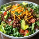 Close-up view of a delicious Keto Taco Salad featuring ground beef, lettuce, tomatoes, and cheese.