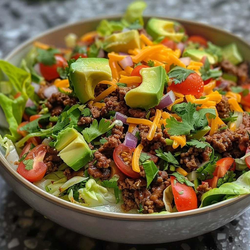Side angle shot of a vibrant Keto Taco Salad loaded with ground beef and colorful toppings.
