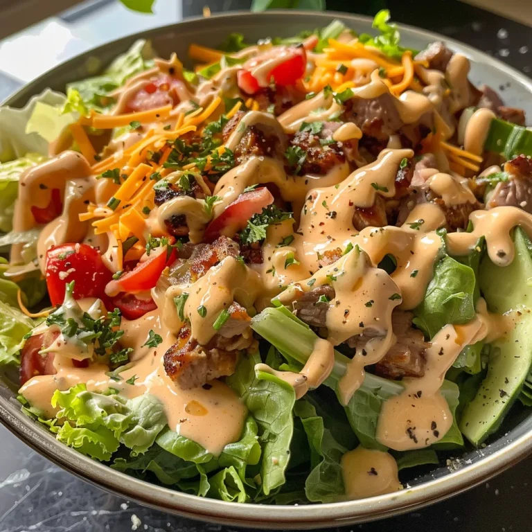 Close-up view of a colorful Low-Carb Big Mac Salad with fresh ingredients.