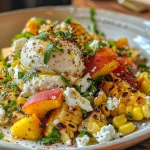 Close-up view of a vibrant Peach Corn Burrata Salad featuring grilled corn, fresh peaches, and creamy burrata.