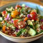 A colorful Quinoa Power Salad with cherry tomatoes, cucumber, bell pepper, and topped with seeds.