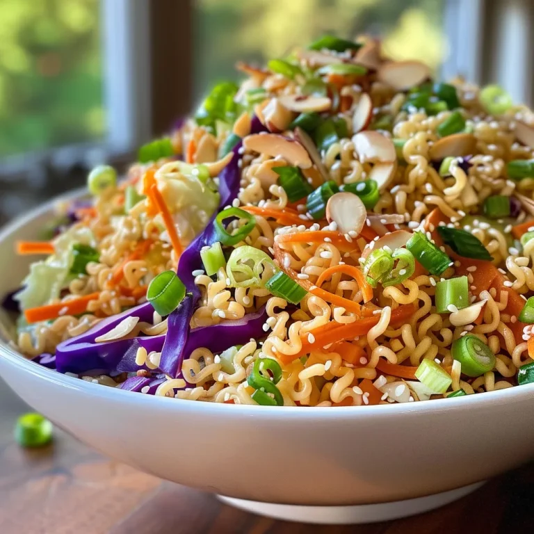 Close-up of a colorful Ramen Noodle Salad with various ingredients visible.