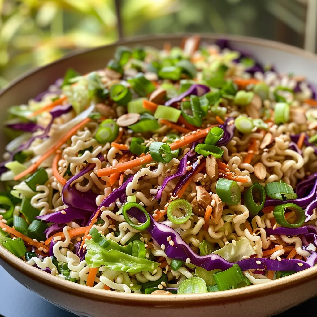 Side view of a vibrant Ramen Noodle Salad featuring cole slaw and Ramen noodles.