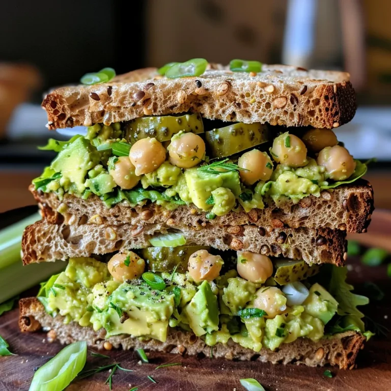 Close-up view of a smashed chickpea avocado dill pickle sandwich, showcasing vibrant colors and textures.