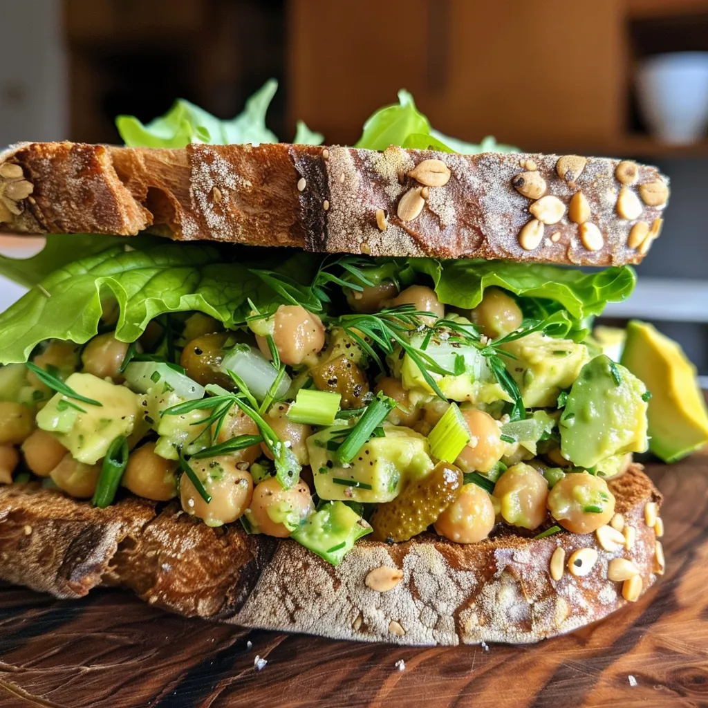 Side view of a delicious sandwich filled with smashed chickpeas, avocado, and dill pickles, garnished with leafy greens.