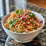 Close-up of a vibrant Spicy Thai Peanut Noodle Salad displaying colorful vegetables.