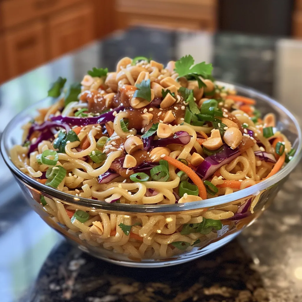 Side view image of a delicious Spicy Thai Peanut Noodle Salad with a creamy peanut sauce.
