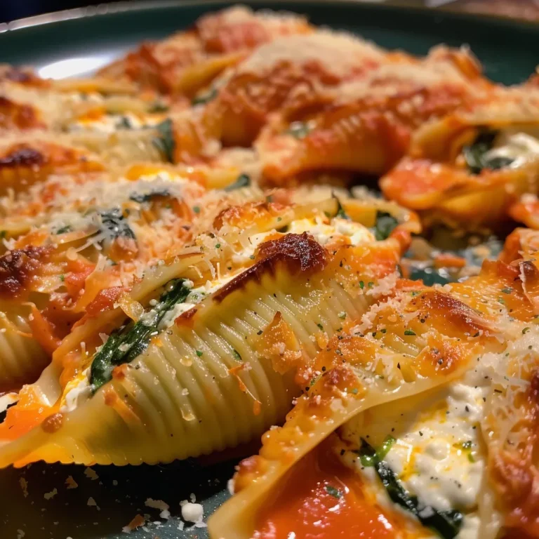 Close-up view of spinach and ricotta stuffed pasta shells topped with marinara sauce.