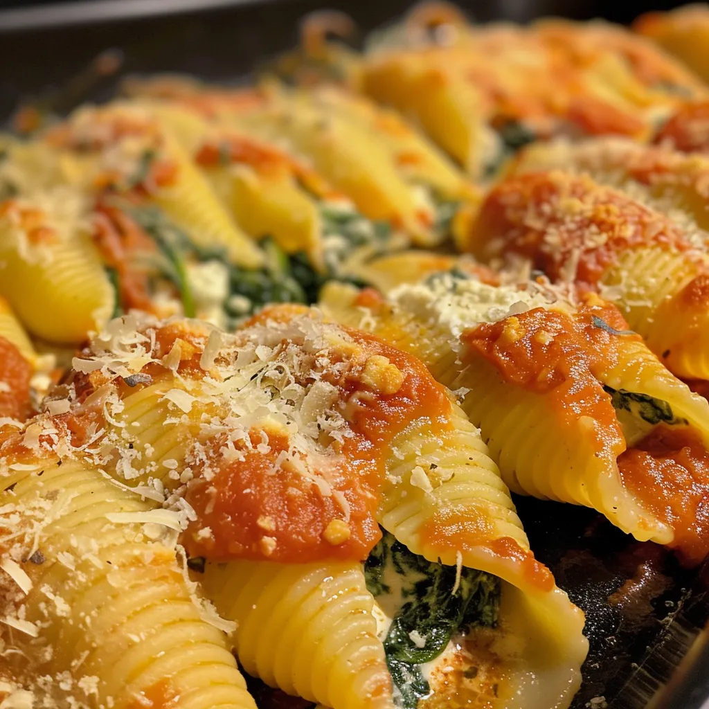 Side view of large pasta shells filled with spinach and ricotta, resting in a plate of red sauce.
