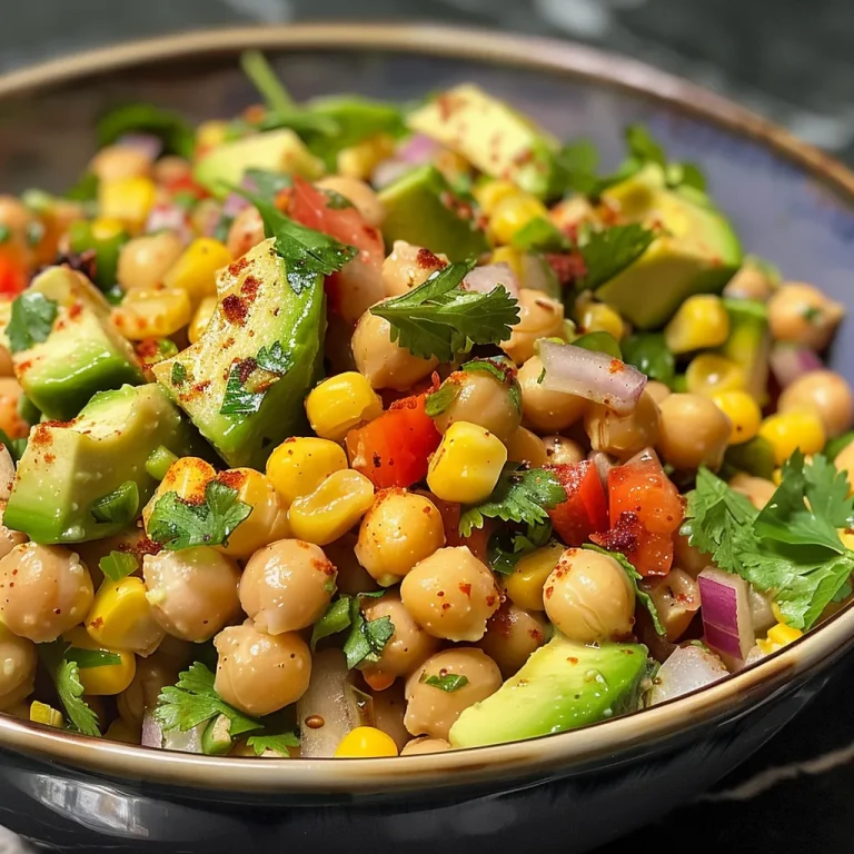 Close-up view of a vibrant Sweet Corn, Chickpea, and Avocado Salad in a bowl.
