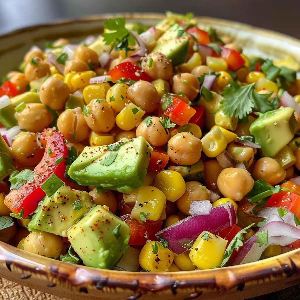 Colorful salad featuring diced avocados, sweet corn kernels, and chickpeas arranged attractively.