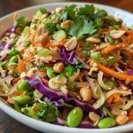 Close-up view of a colorful Thai Peanut Noodle Salad with vibrant vegetables and noodles.