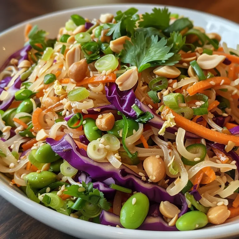 Close-up view of a vibrant Thai Peanut Noodle Salad with colorful vegetables.