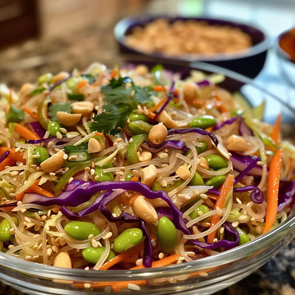Side view of a vibrant Thai Peanut Noodle Salad featuring fresh vegetables and a creamy peanut dressing.