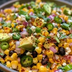 Close-up view of a colorful Vegan Elote Salad with roasted corn and fresh vegetables.