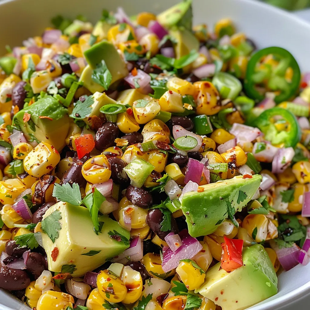 A vibrant Vegan Elote Salad featuring red onion, green onion, and avocado, seen from the side.