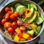 Vibrant vegetarian quinoa bowl with colorful vegetables and avocado slices.