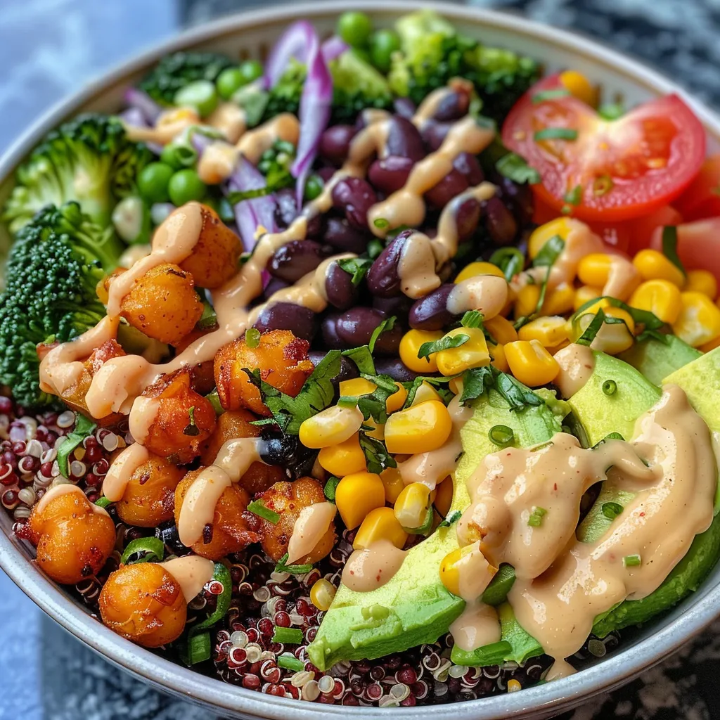 Side angle of a vibrant quinoa bowl featuring assorted veggies and toppings.