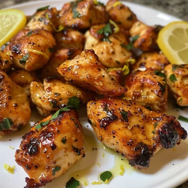 Juicy Air Fryer Lemon Pepper Chicken Bites on a plate, showcasing golden edges.