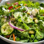 Close-up view of a vibrant, crunchy spring greens salad with fresh vegetables and ingredients.