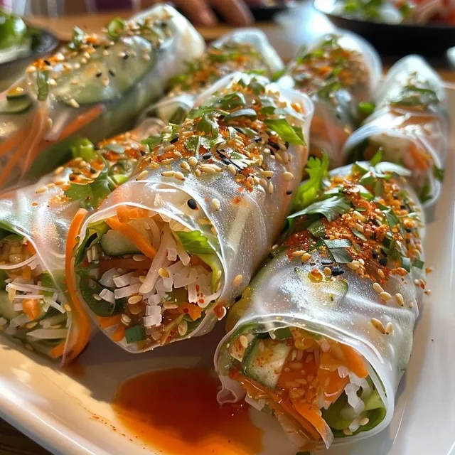 Close-up of vibrant rice paper veg rolls filled with colorful vegetables.