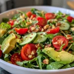 Close-up of a vibrant Spring Mix Salad featuring greens, cherry tomatoes, and avocado.