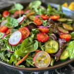 Close-up side view of a colorful spring green salad with cherry tomatoes and radishes.