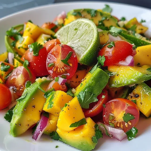 A vibrant, close-up view of a colorful avocado mango salad with diced avocados and mangoes.