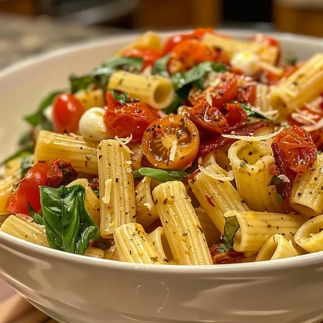 Close-up view of a vibrant sun-dried tomato pasta salad with colorful ingredients.