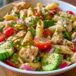 Close-up view of a colorful chicken pasta salad with fresh vegetables and herbs.