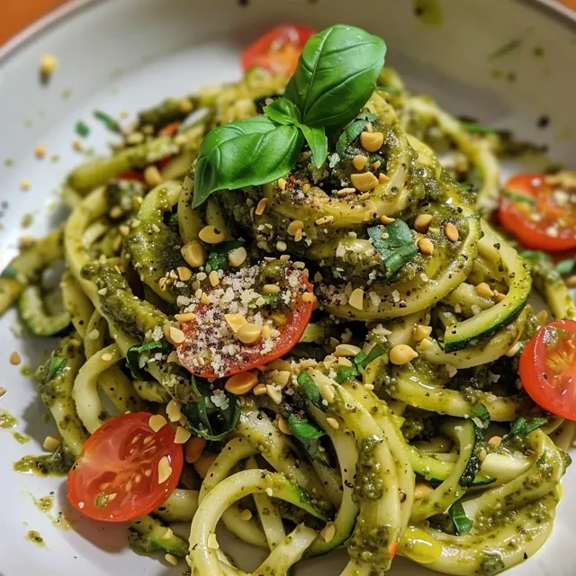 Close-up of vibrant zucchini noodles topped with green pumpkin seed pesto.