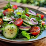 A colorful close-up of a refreshing garden salad featuring cherry tomatoes, cucumber, and leafy greens.
