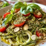 Close-up view of spiralized zucchini topped with vegan pumpkin seed pesto and cherry tomatoes.