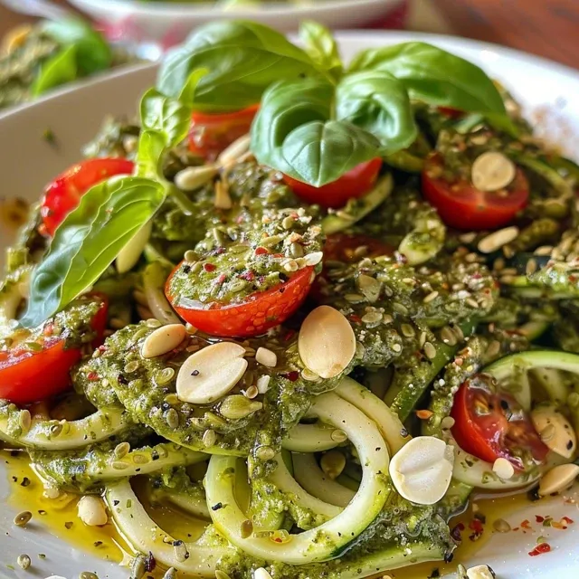 Close-up view of spiralized zucchini topped with vegan pumpkin seed pesto and cherry tomatoes.