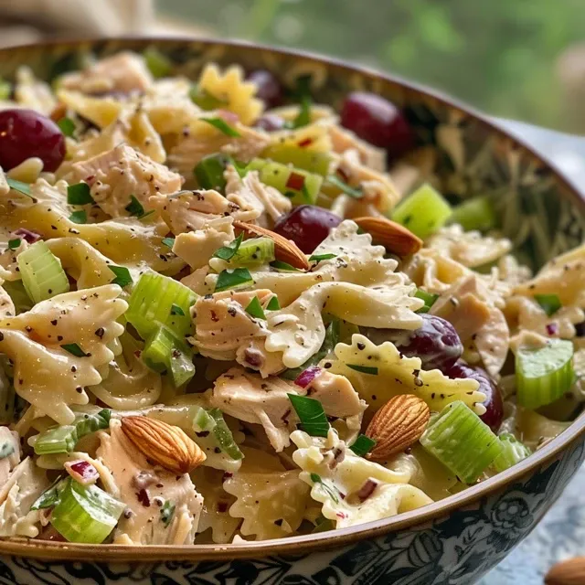 A close-up view of a bowl filled with colorful Waldorf Chicken Pasta Salad.