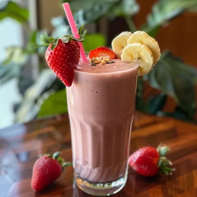 Close-up of a creamy strawberry banana smoothie in a glass, garnished with fresh fruit.