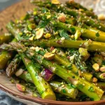 A close-up view of a lemony asparagus salad with shaved cheese and nuts.