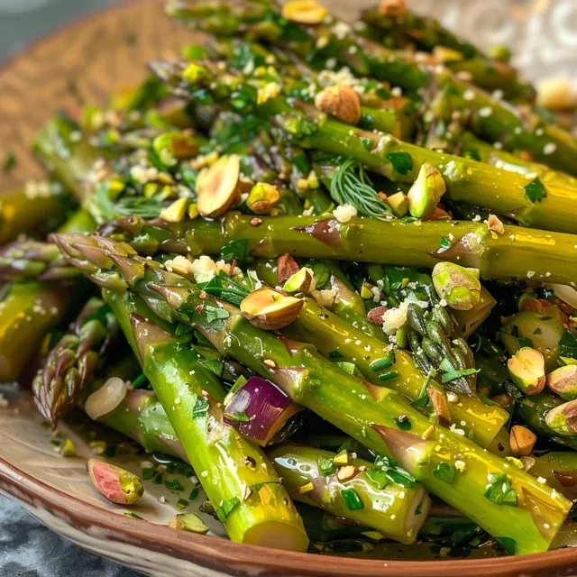 A close-up view of a lemony asparagus salad with shaved cheese and nuts.