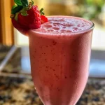 A close-up side view of a vibrant strawberry smoothie in a glass, topped with fresh strawberries.