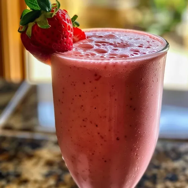 A close-up side view of a vibrant strawberry smoothie in a glass, topped with fresh strawberries.