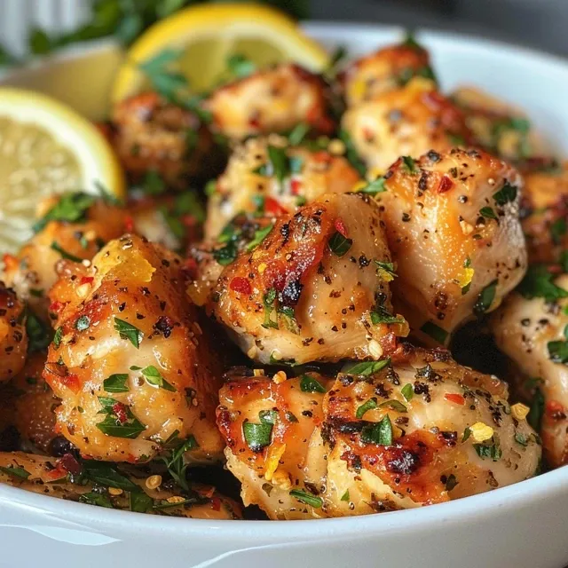 Close-up view of juicy lemon herb chicken bites on a plate.