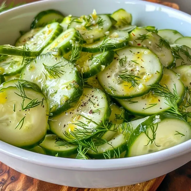 Close-up view of a vibrant cucumber salad with lemon and dill dressing.