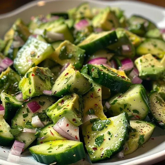 Close-up view of a fresh avocado cucumber salad with green onions and lime dressing.