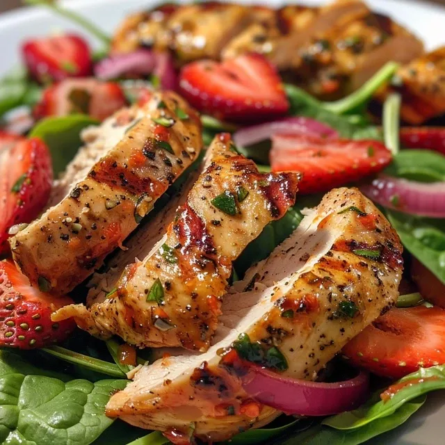 A colorful close-up of Chicken Strawberry Spinach Salad featuring sliced chicken, fresh strawberries, spinach, and red onion.