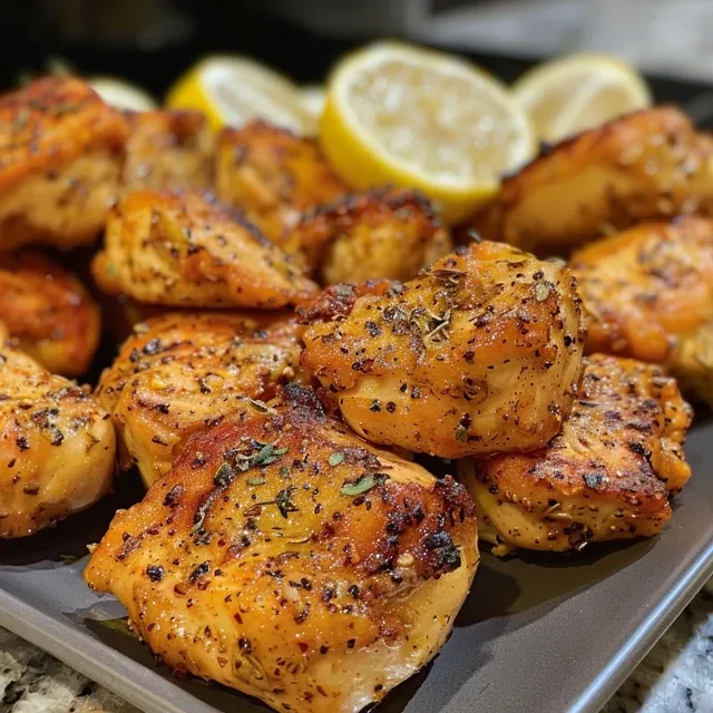 Close-up view of seasoned chicken bites with a crispy texture, garnished with herbs.