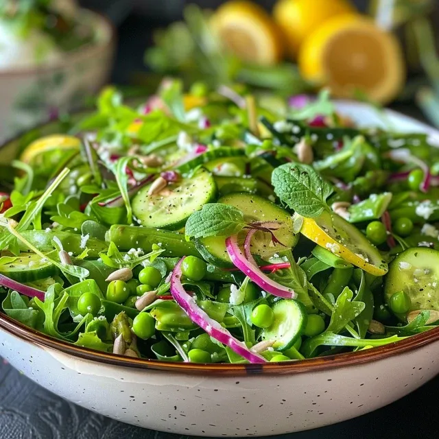 Side angle of a colorful salad featuring leafy greens, asparagus, and tomatoes in a bowl.