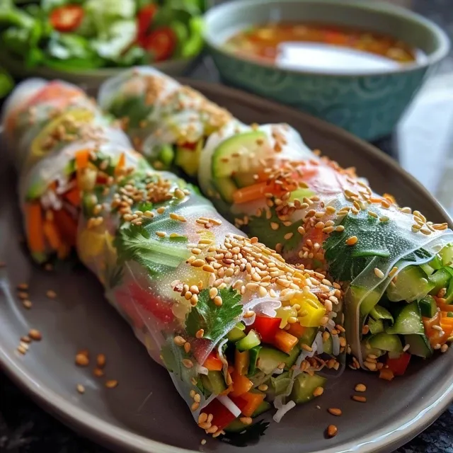 Side view of freshly made rice paper rolls with greens and shrimp.