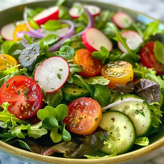 Juicy spring greens salad featuring sliced cucumbers and red onion, drizzled with vinaigrette.