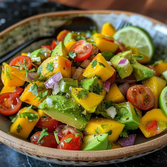 A side perspective of a fresh salad featuring diced avocados, mangoes, cherry tomatoes, and red onion.