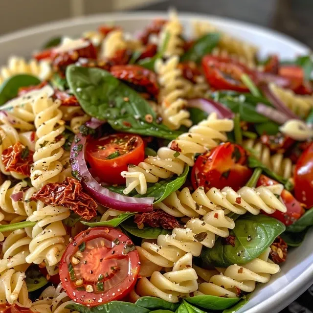 Side view of a pasta salad featuring sun-dried tomatoes, spinach, and cherry tomatoes.